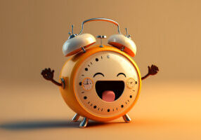 Friendly happy alarm clock cartoon character, Generative AI